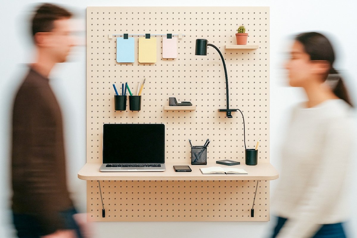 Pegboard avec bureau rabattable, pots à crayons, lampe et pinces à notes, entouré de deux personnes