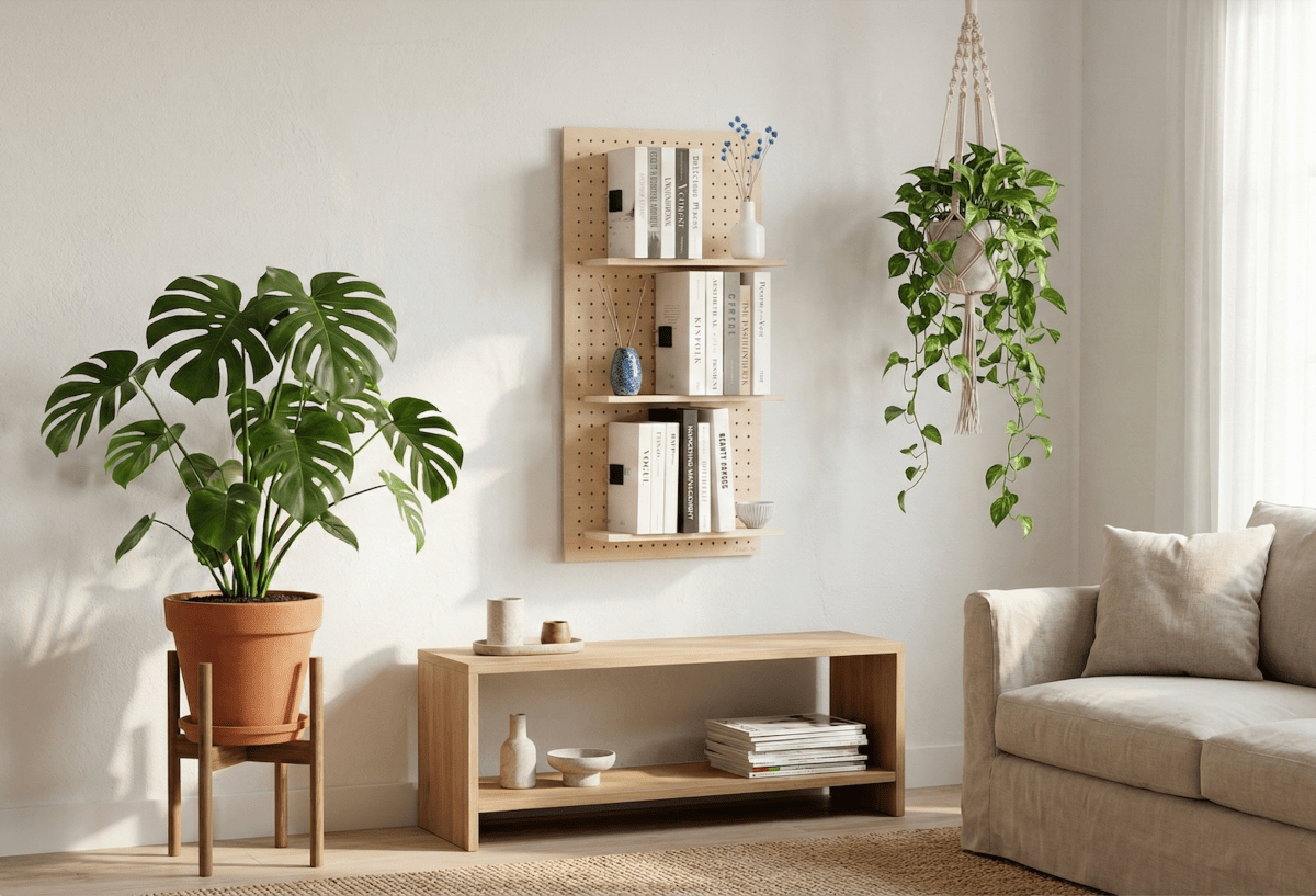 Pegboard bibliothèque en bois dans un salon, étagères à livres entre une plante et un canapé