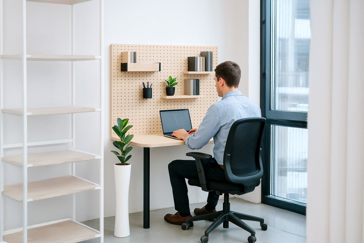Homme travaillant à un bureau à domicile devant un pegboard mural avec étagères et rangements