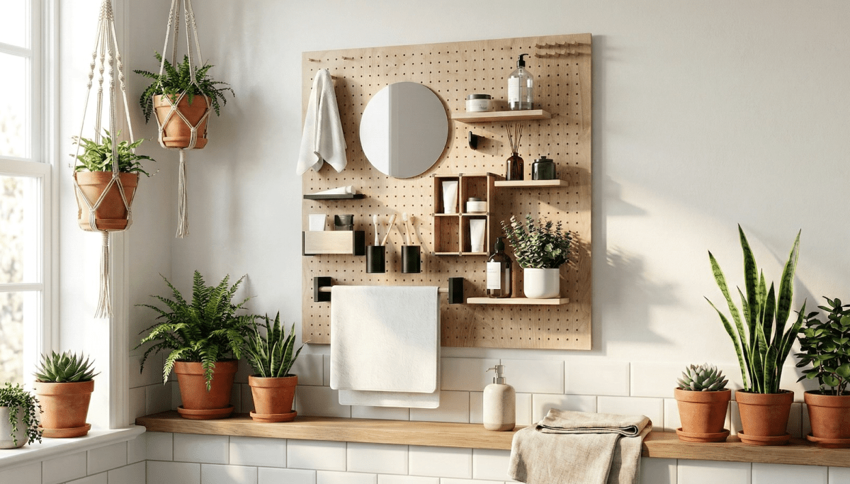 Pegboard de salle de bain avec miroir rond, porte-serviette, étagères et plantes au-dessus du lavabo