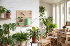 Pegboard giardino Aire in betulla sulla parete di una veranda con vaso sospeso, portafiori, annaffiatoio e cesoie