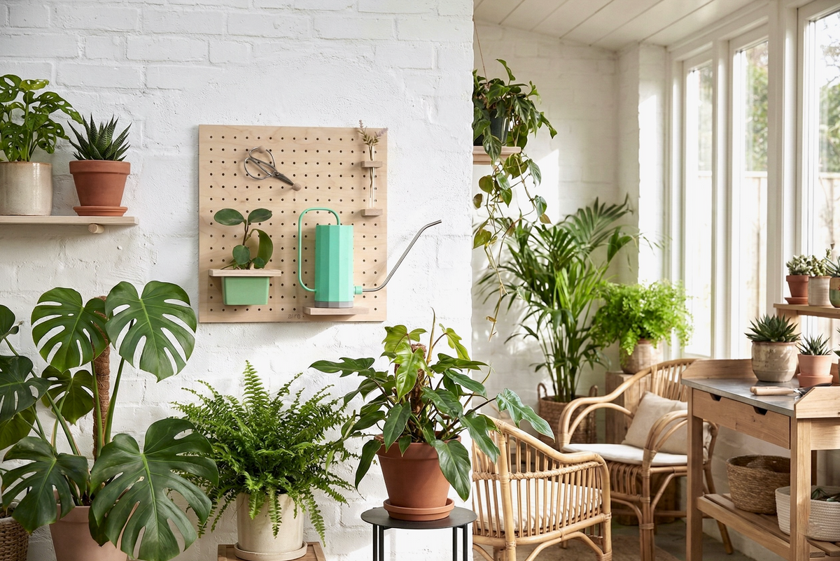 Pegboard giardino Aire in betulla sulla parete di una veranda con vaso sospeso, portafiori, annaffiatoio e cesoie