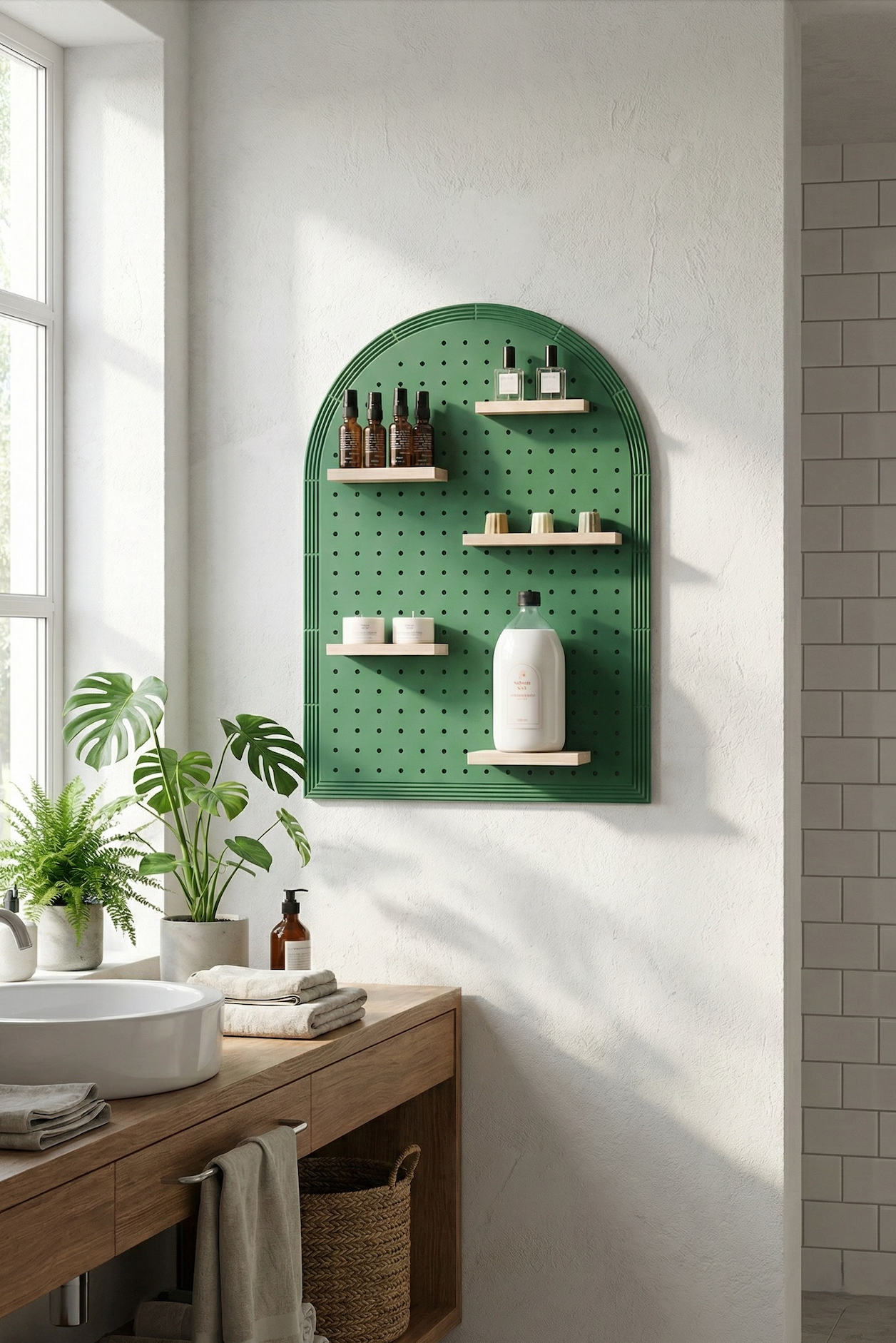 Green pegboard shelf with various bottles and containers mounted on a white wall in a bathroom setting