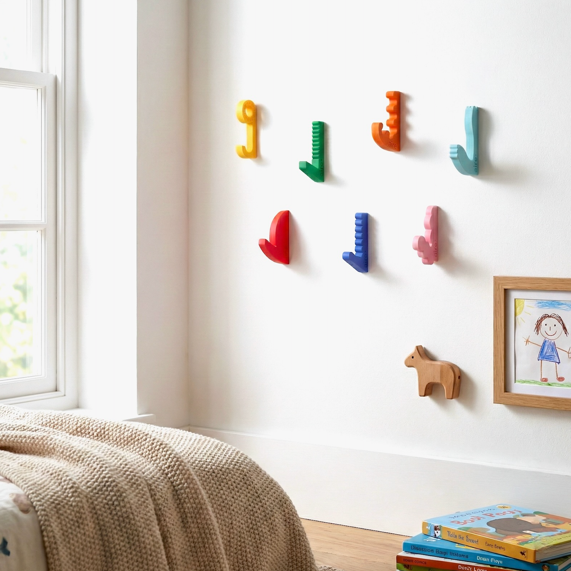 Colorful pegboard hooks arranged on a white wall next to a framed child's drawing and stacked books.