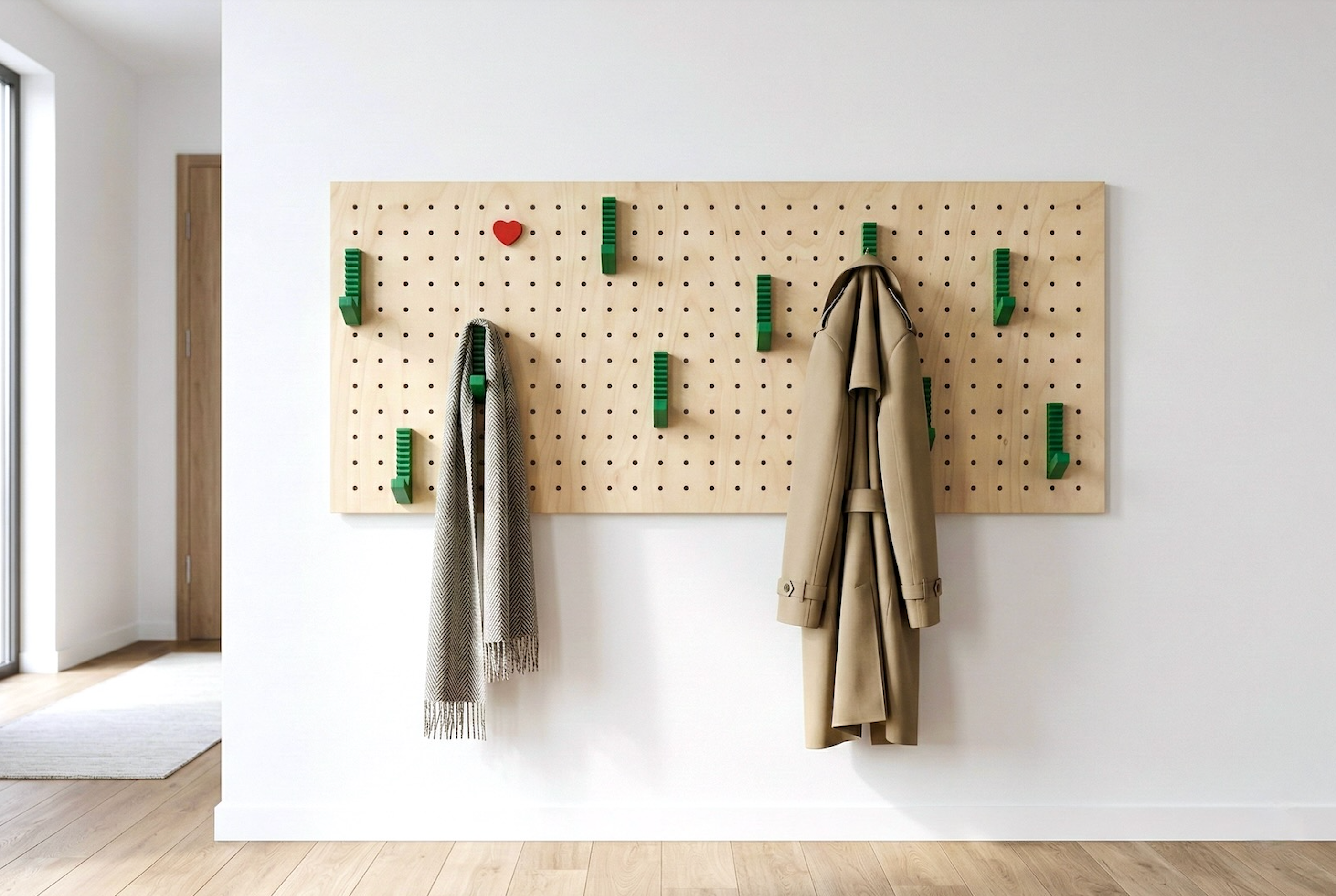 Wooden pegboard wall organizer with green hooks holding a scarf and a beige coat in a minimalist room