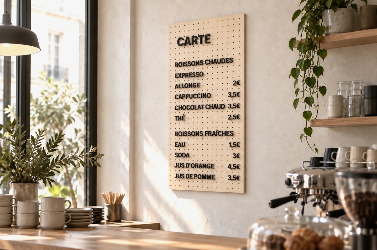 Menu de café sur pegboard dans un bar