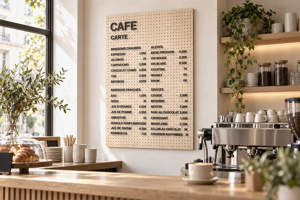 Module Menu : carte de café en lettres sur pegboard