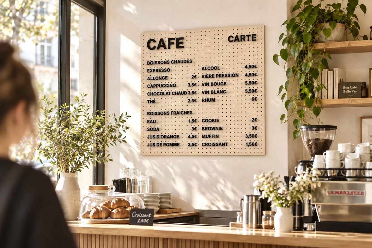 Carte de café en lettres amovibles sur pegboard derrière un comptoir