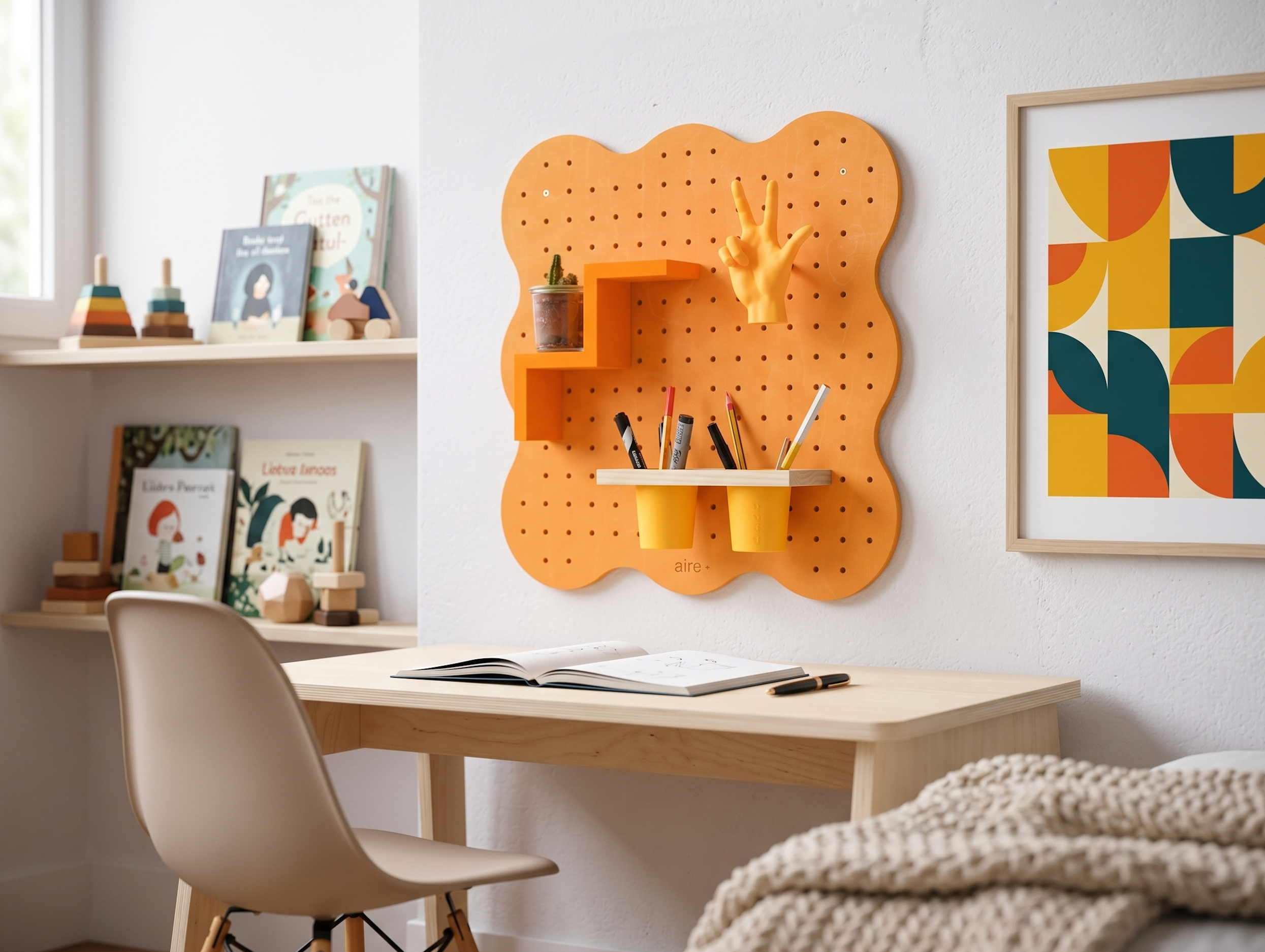 Pegboard Curves orange pastel au-dessus d'un bureau d'enfant avec étagère escalier, patère main et pot à crayons double