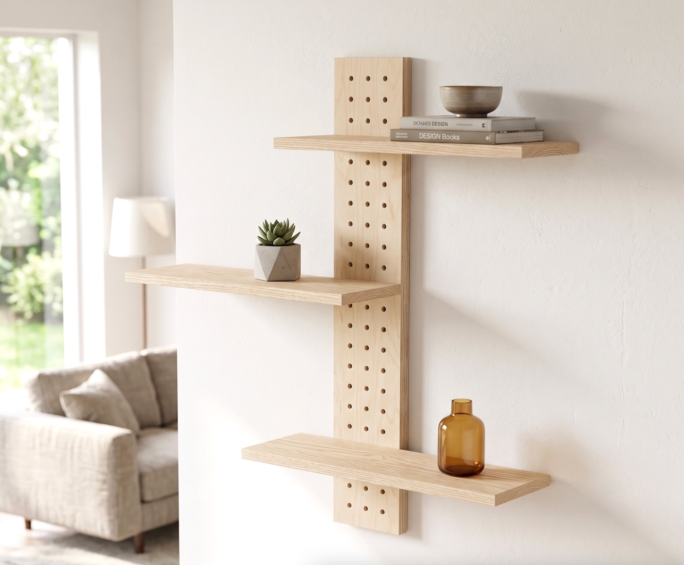 Etagère verticale - Pegboard vertical et ses trois tablettes en frêne massif