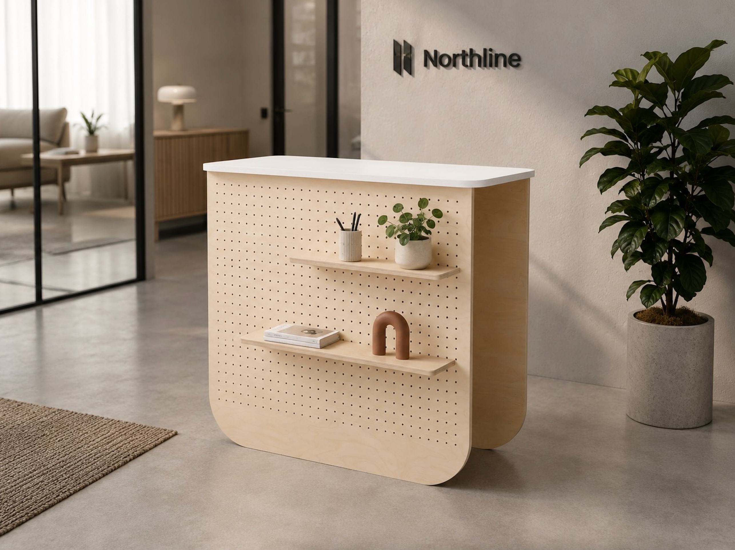 Desk Borne d'Accueil Aire – comptoir console à façade pegboard en bouleau pour boutique
