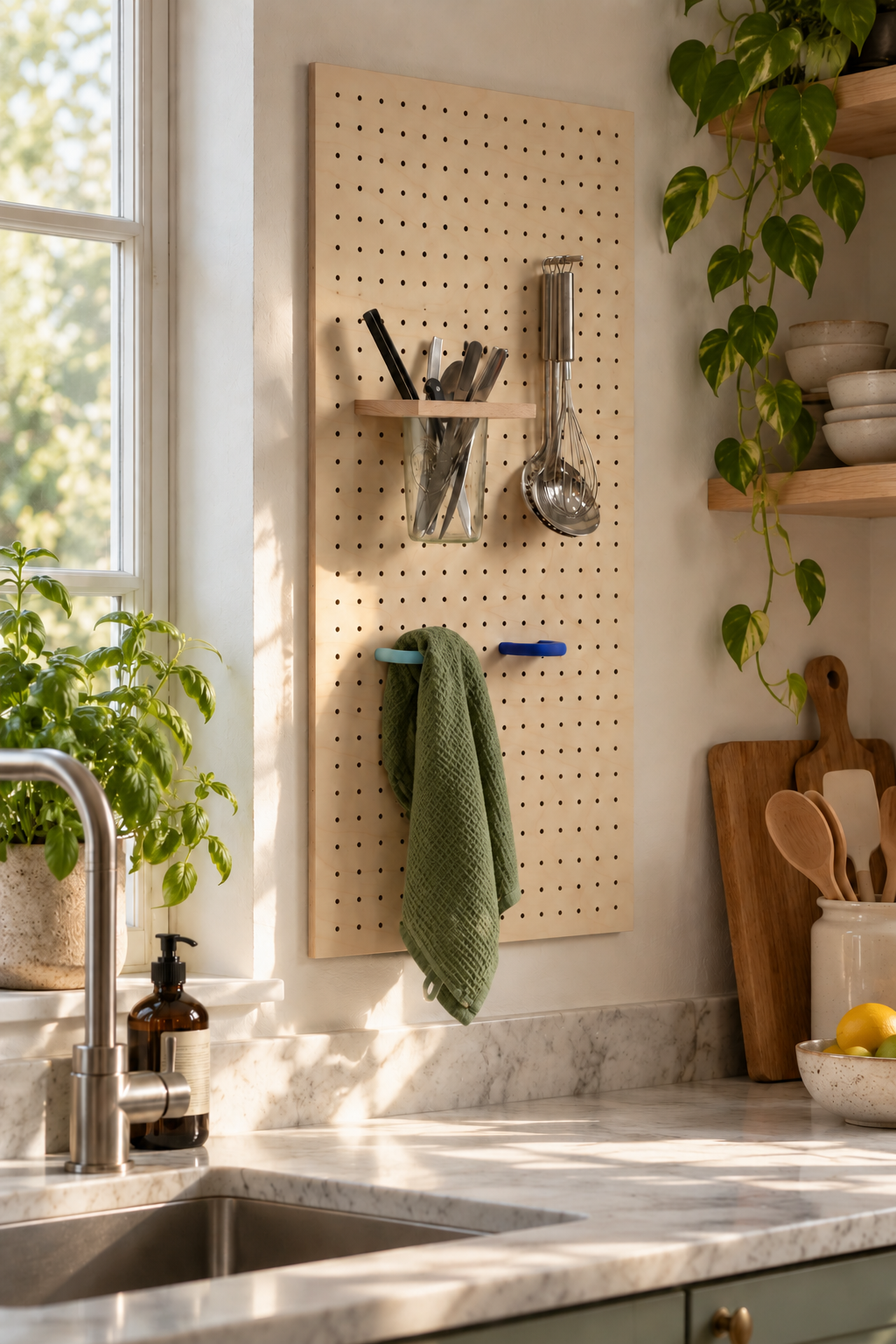 Anneau coloré bleu sur un pegboard de cuisine tenant un torchon vert