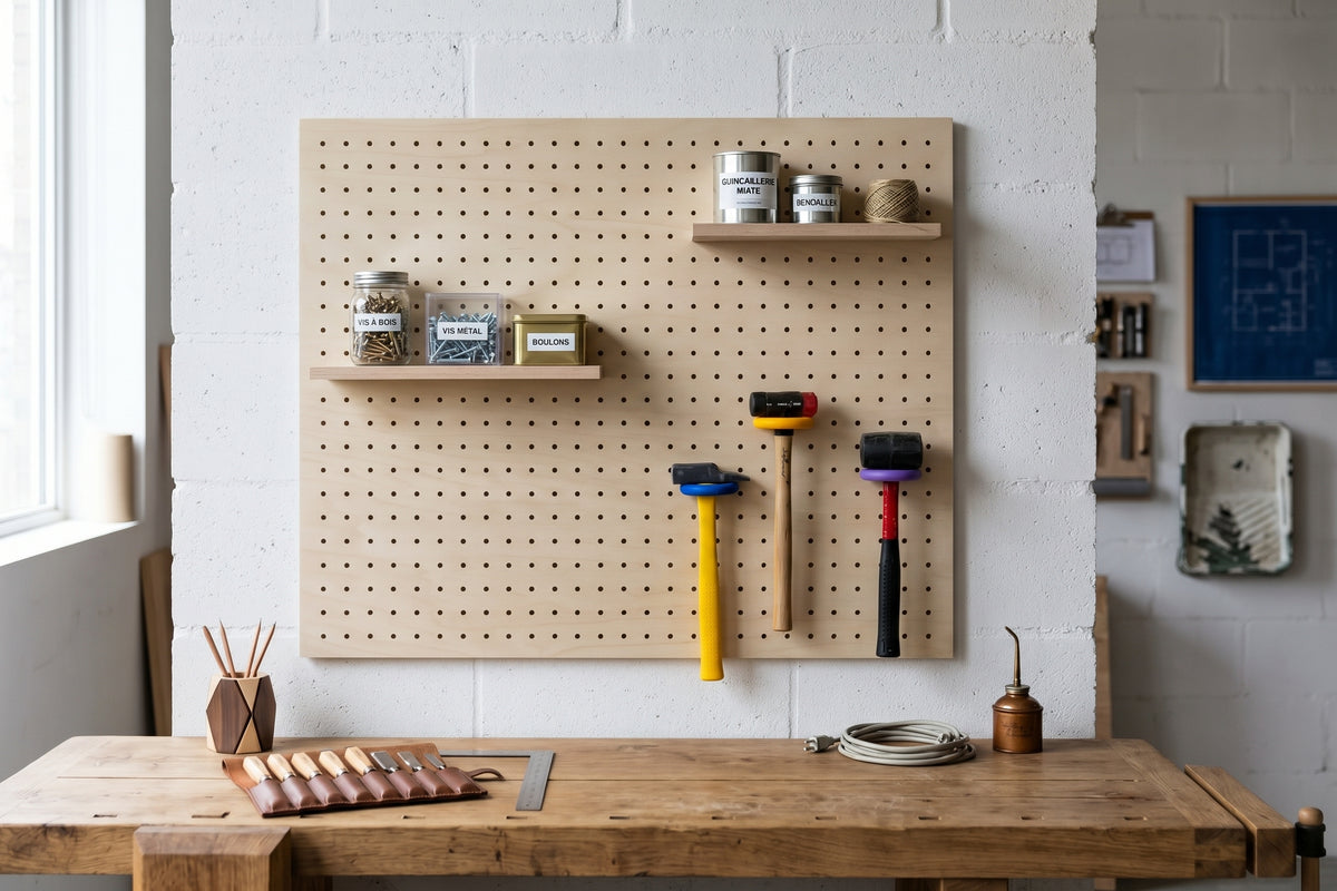 Pegboard d'atelier au-dessus d'un établi avec des marteaux suspendus aux anneaux colorés