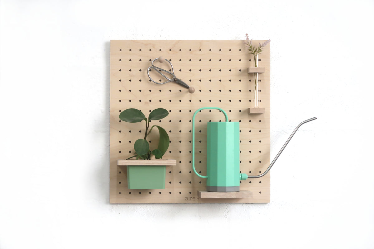 Pegboard giardino a parete con pianta in un vaso sospeso, portafiori fiorito, cesoie appese e annaffiatoio sulla mensola