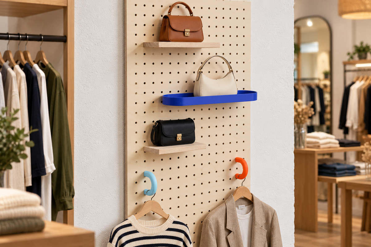 Présentoir pegboard en boutique avec anneaux colorés pour cintres et sacs à main