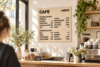 Café menu in removable letters on a pegboard behind a counter