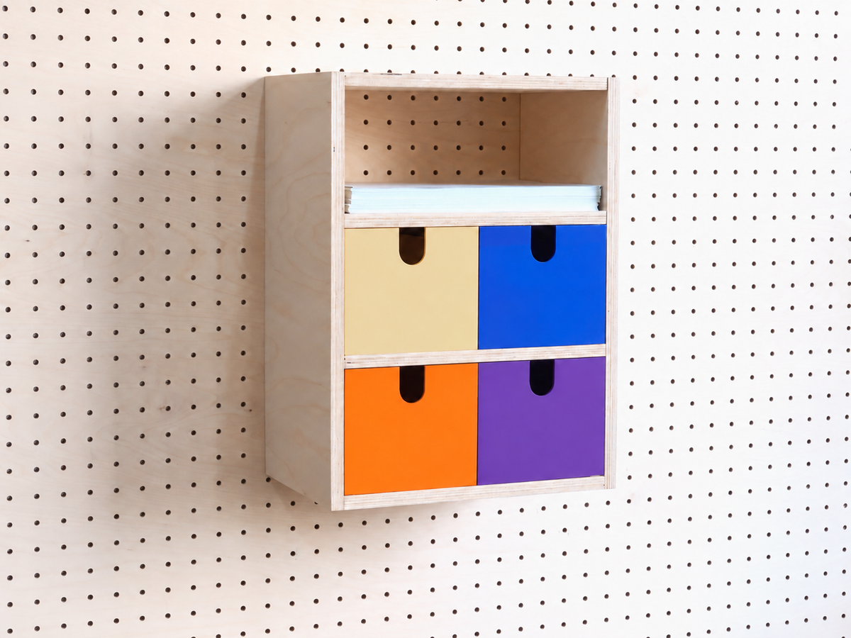 Caja 3 secciones para pegboard con cajones beige, azul, naranja y violeta – organizador de pared