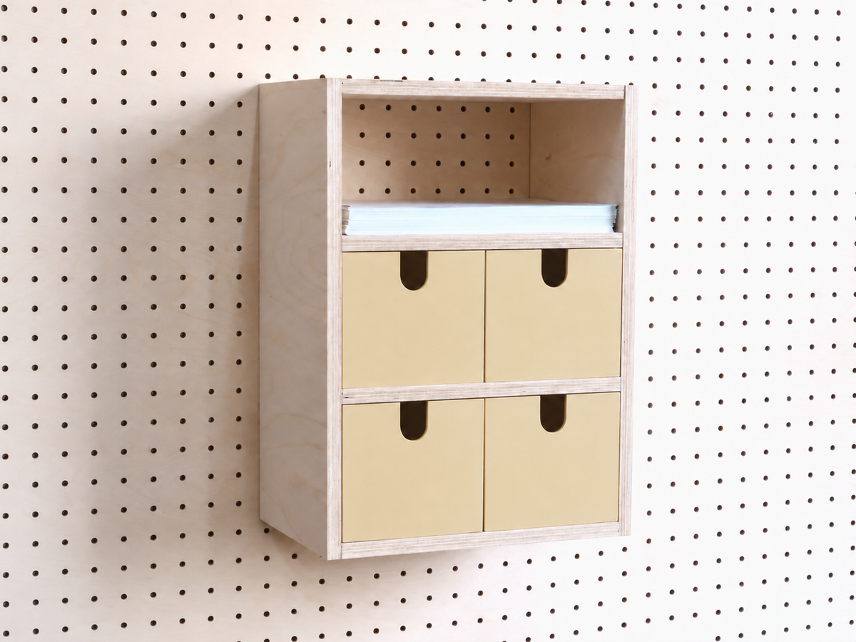 Caja 3 secciones para pegboard con cajones en color beige – almacenaje de escritorio de pared en abedul