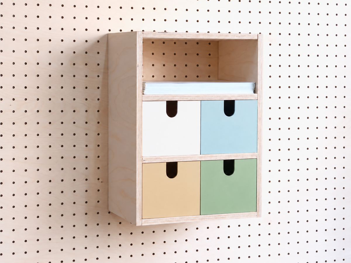 Caja 3 secciones para pegboard con cajones blanco, azul cielo, beige y verde salvia – organizador de pared