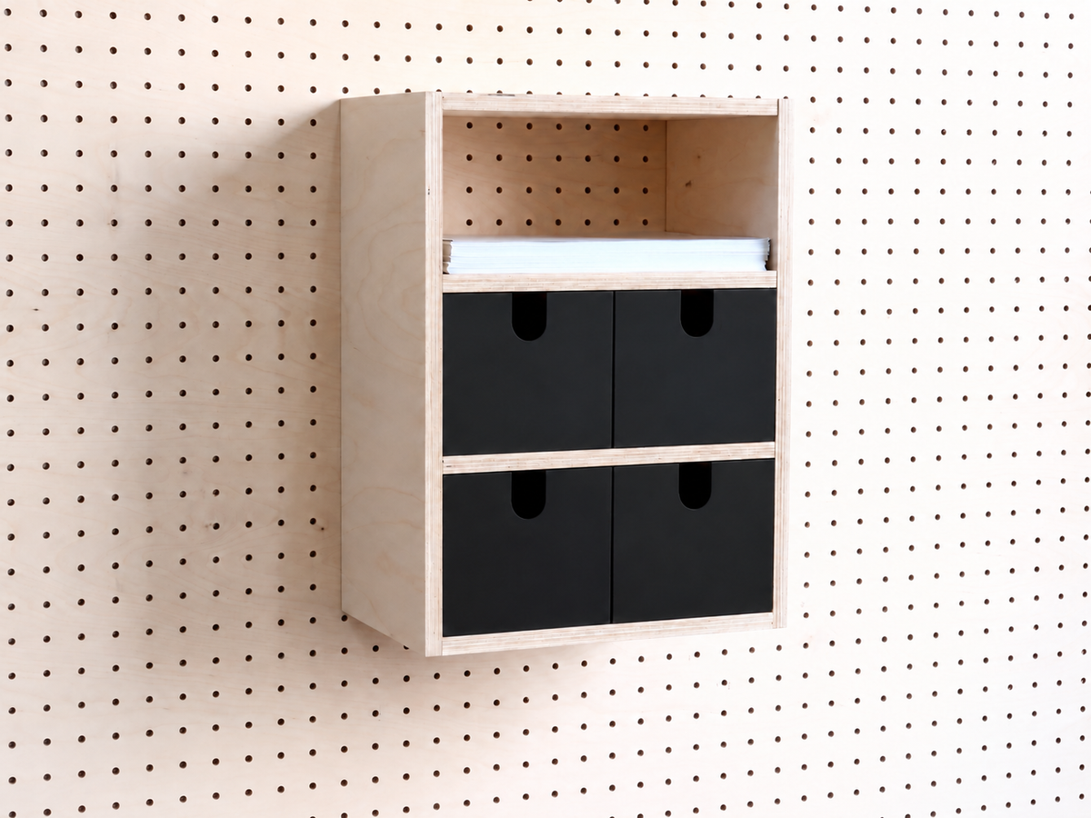 Caja 3 secciones para pegboard con cajones en color negro – almacenaje de escritorio de pared en abedul