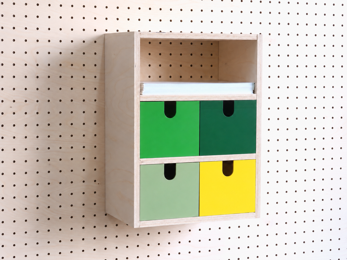 Caja 3 secciones para pegboard con cajones verde, verde oscuro, verde salvia y amarillo – organizador de pared