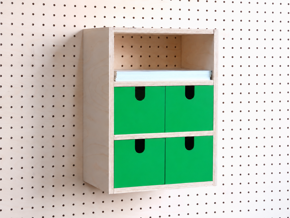 Caja 3 secciones para pegboard con cajones en color verde – almacenaje de escritorio de pared en abedul