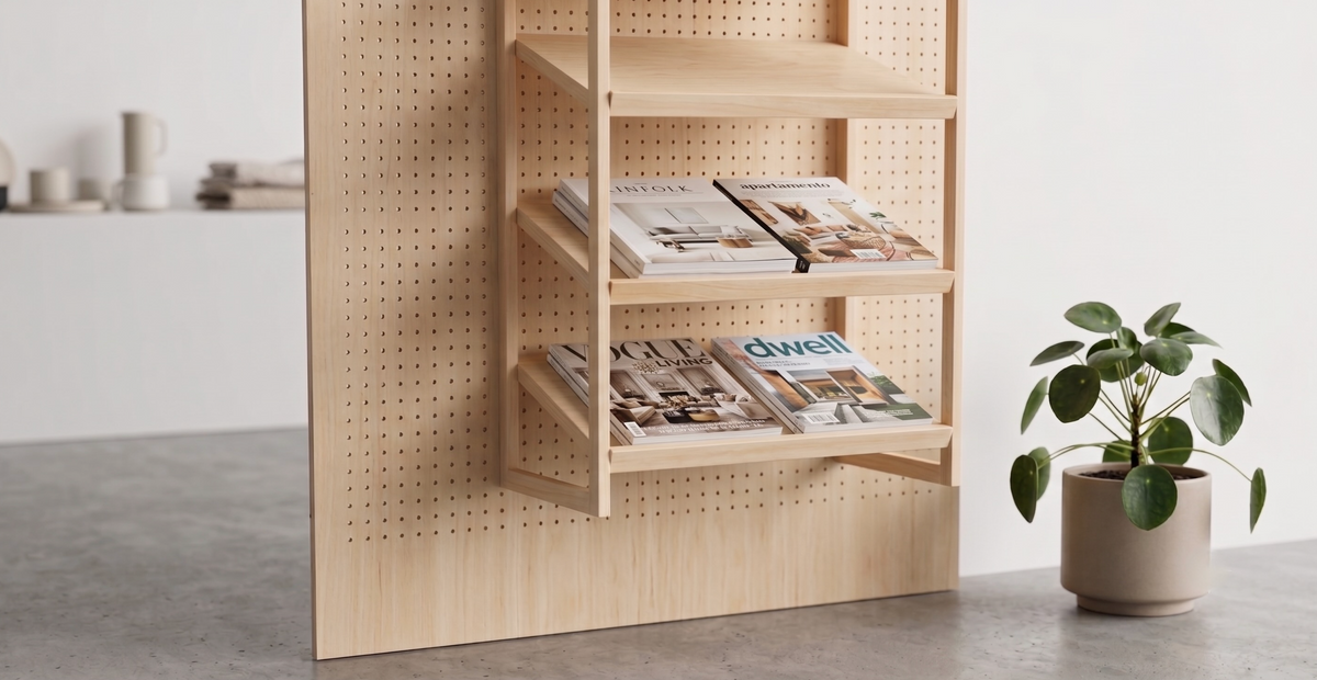 Étagère inclinée à rebords avec magazines sur grand pegboard