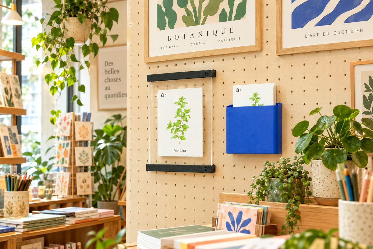 Godet porte-documents bleu et porte-affiche sur un pegboard dans une boutique de papeterie botanique