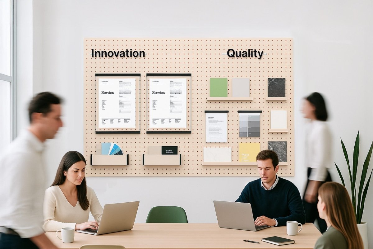Équipe en réunion devant un pegboard d'affichage Module Insight