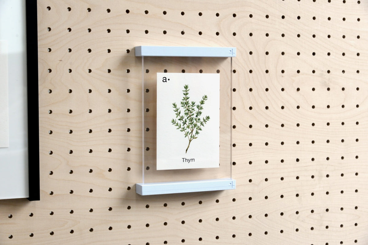 Porte-affiche en plexi sur pegboard en bouleau avec une affiche botanique